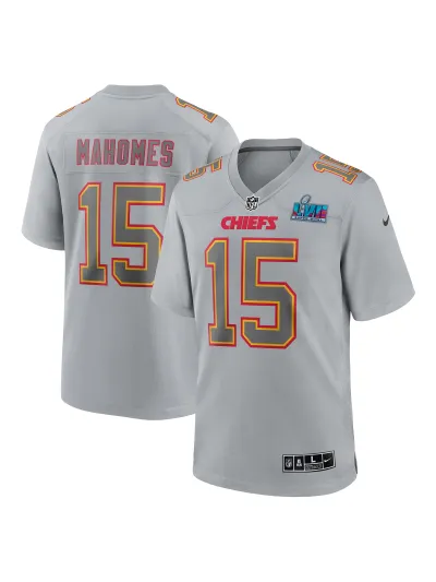 Men's Kansas City Chiefs Patrick Mahomes Nike Gray Super Bowl LVII (2022 Season) Patch Atmosphere Fashion Game Jersey 01