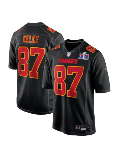 Men's Kansas City Chiefs Travis Kelce Nike Black Super Bowl LVIII Carbon Fashion Game Player Jersey 01