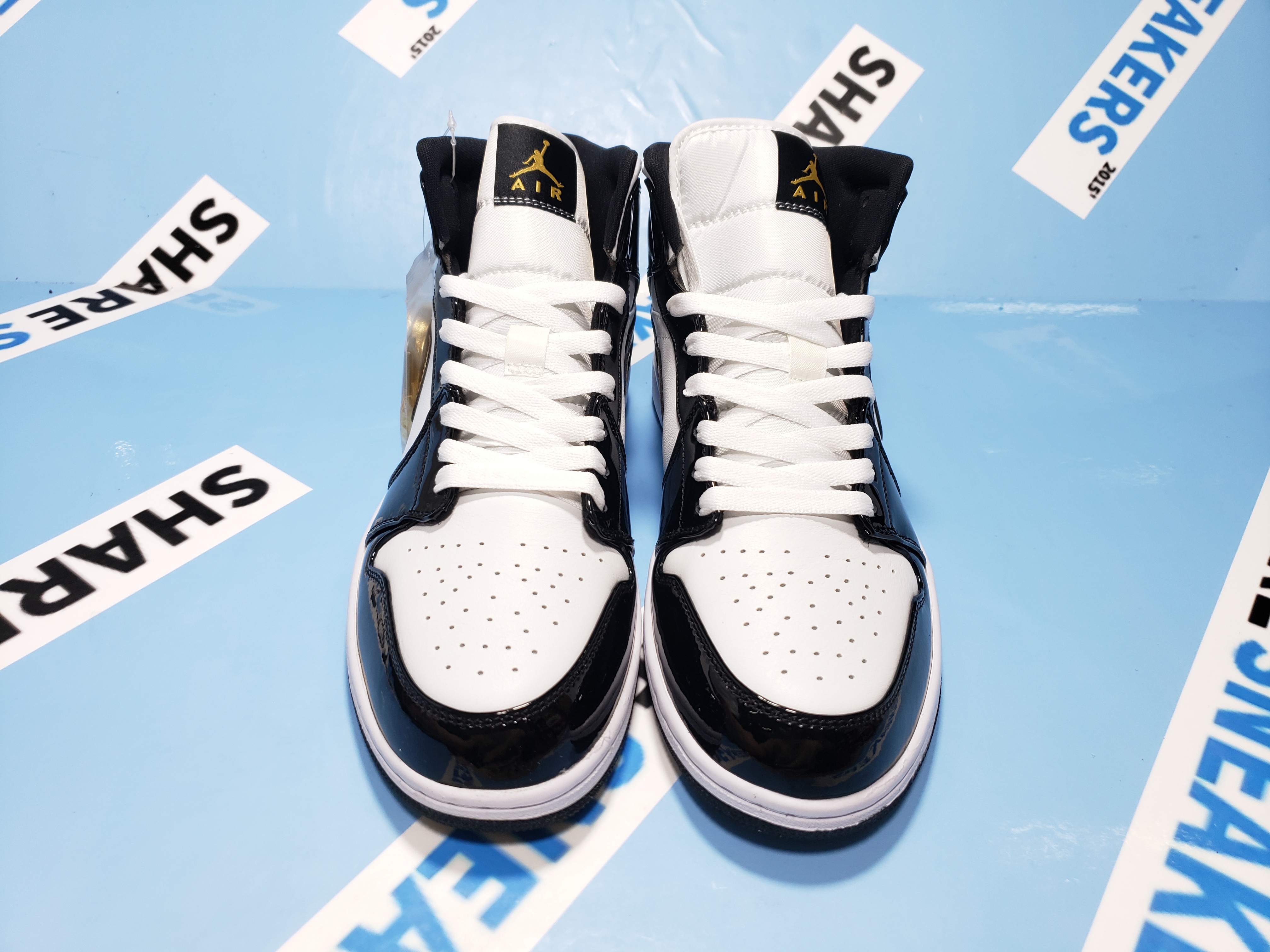 POP  Air Jordan Mid Patent Black White Gold, 852542-007