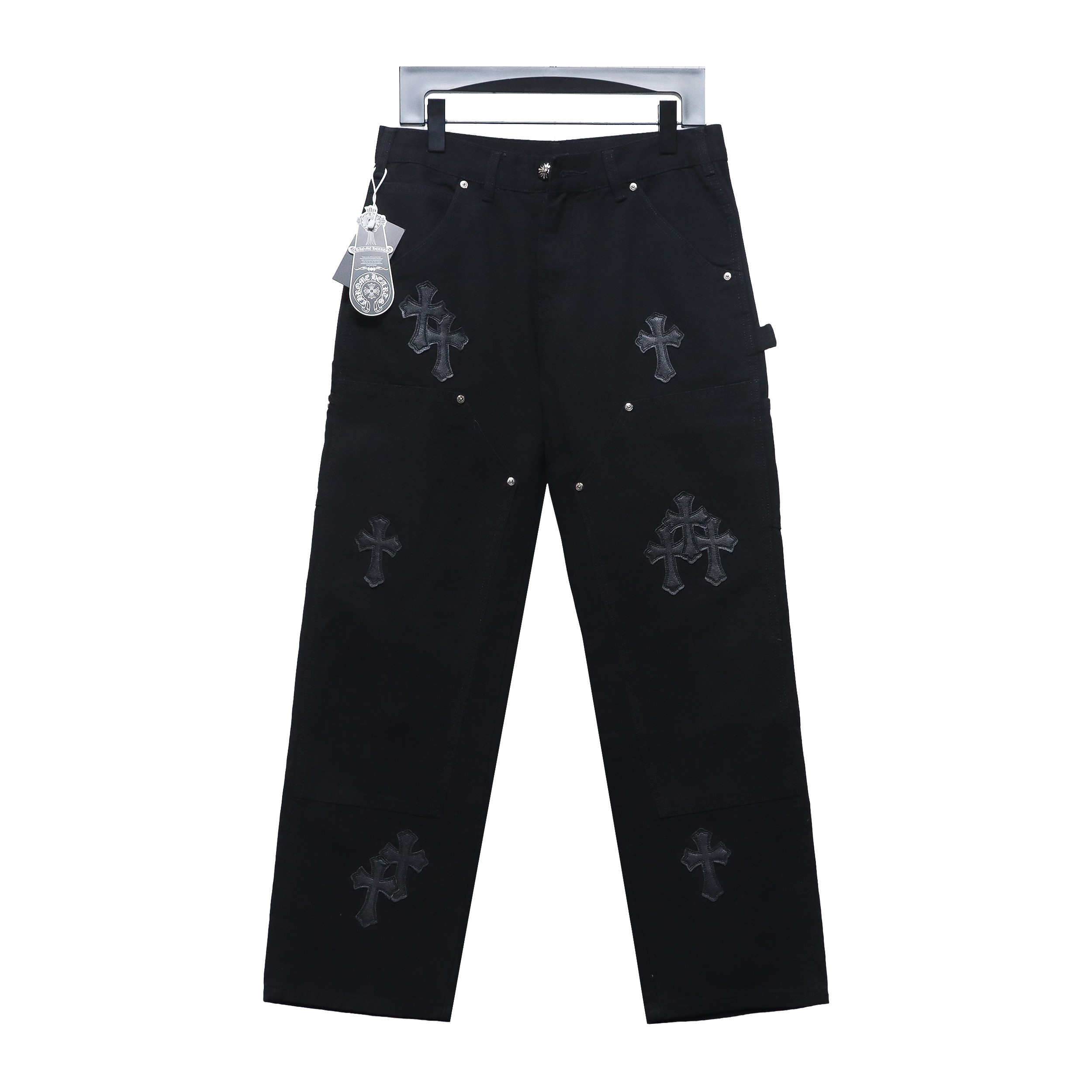 Amiri Hoodie A06# p65 Black + Chrome hearts knee cross leather Jeans