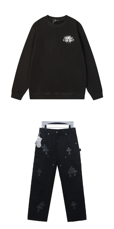 Amiri Hoodie A06# p65 Black + Chrome hearts knee cross leather Jeans