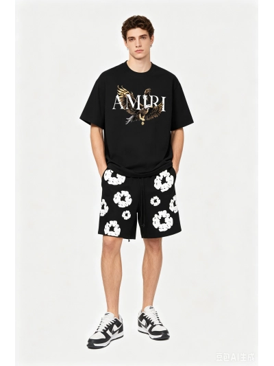 Amiri T-Shirt 709+Denim Tears The Cotton Wreath High Street Shorts Sport Shorts black pants Short Pants 01