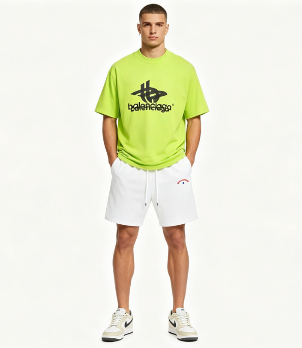 Balenciaga Overlap LOGO T-Shirts Green+OFF-WHITE Brushed Cotton Shorts with Star & Arrow Print — Black / White #1157