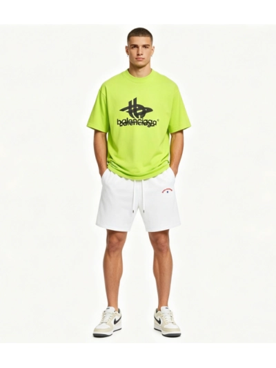 Balenciaga Overlap LOGO T-Shirts Green+OFF-WHITE Brushed Cotton Shorts with Star & Arrow Print — Black / White #1157 01