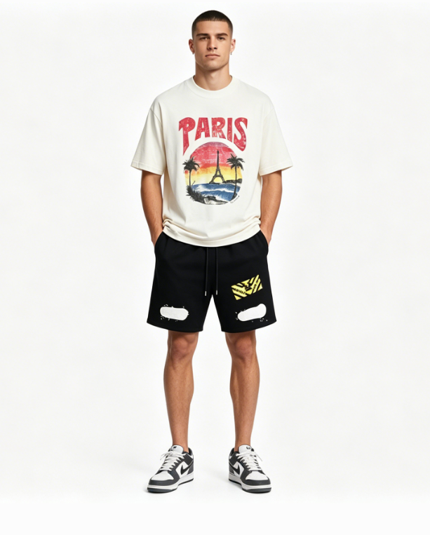 Balenciaga Sunset Beach Tower T-Shirts White+OFF-WHITE Brushed Pure Cotton Shorts with Yellow Tag and Stripe Print — Black / White #1209