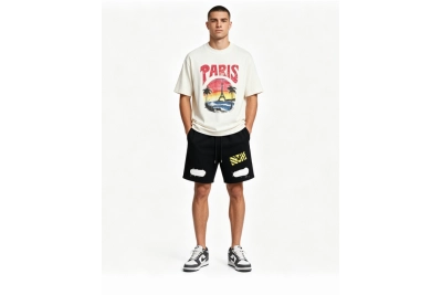 Balenciaga Sunset Beach Tower T-Shirts White+OFF-WHITE Brushed Pure Cotton Shorts with Yellow Tag and Stripe Print — Black / White #1209 01