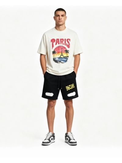 Balenciaga Sunset Beach Tower T-Shirts White+OFF-WHITE Brushed Pure Cotton Shorts with Yellow Tag and Stripe Print — Black / White #1209 01