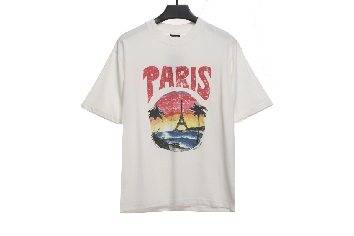 Balenciaga Sunset Beach Tower T-Shirts White+OFF-WHITE Brushed Pure Cotton Shorts with Yellow Tag and Stripe Print — Black / White #1209