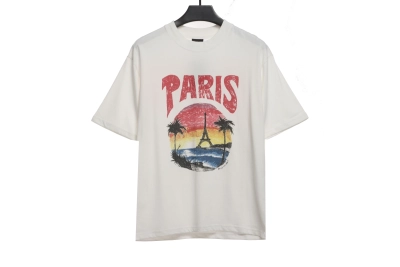 Balenciaga Sunset Beach Tower T-Shirts White+OFF-WHITE Brushed Pure Cotton Shorts with Yellow Tag and Stripe Print — Black / White #1209 02