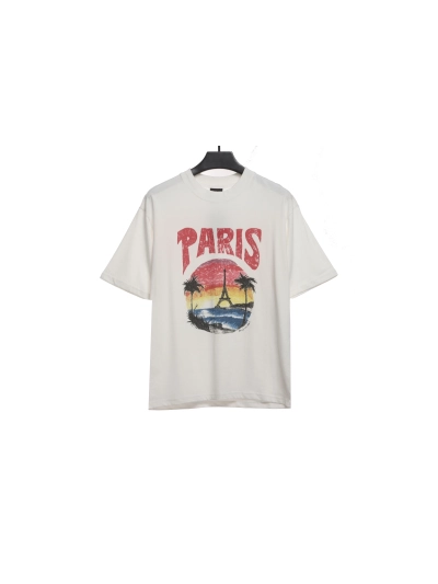 Balenciaga Sunset Beach Tower T-Shirts White+OFF-WHITE Brushed Pure Cotton Shorts with Yellow Tag and Stripe Print — Black / White #1209 02