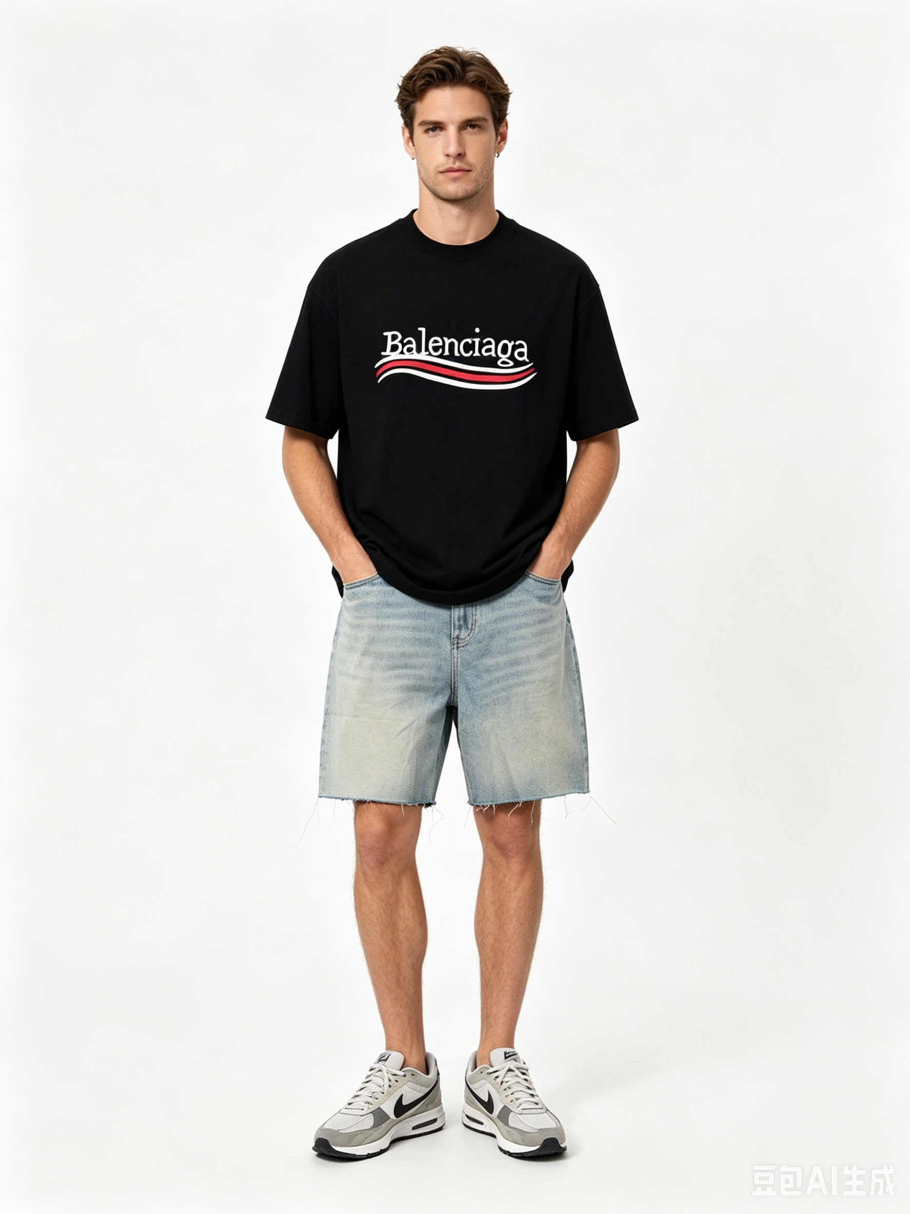 Balenciaga Distressed Washed Damaged Coke T-Shirts Distressed gray+Balenciaga distressed art denim shorts Jeans