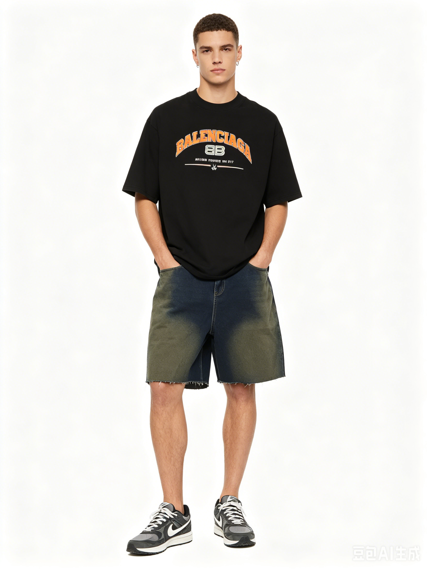 Balenciaga Distressed Washed Double B T-Shirts+Balenciaga loose denim shorts Jeans