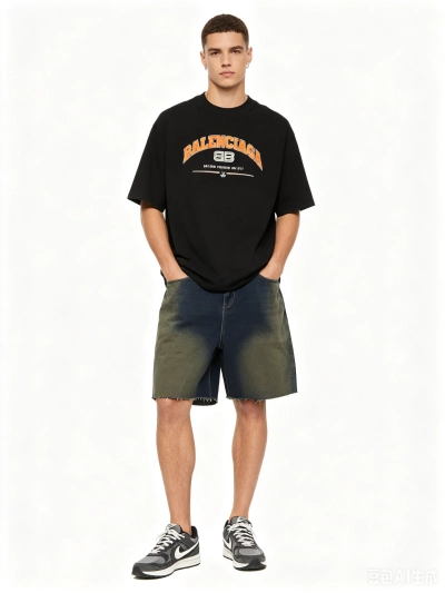 Balenciaga Distressed Washed Double B T-Shirts+Balenciaga loose denim shorts Jeans 01