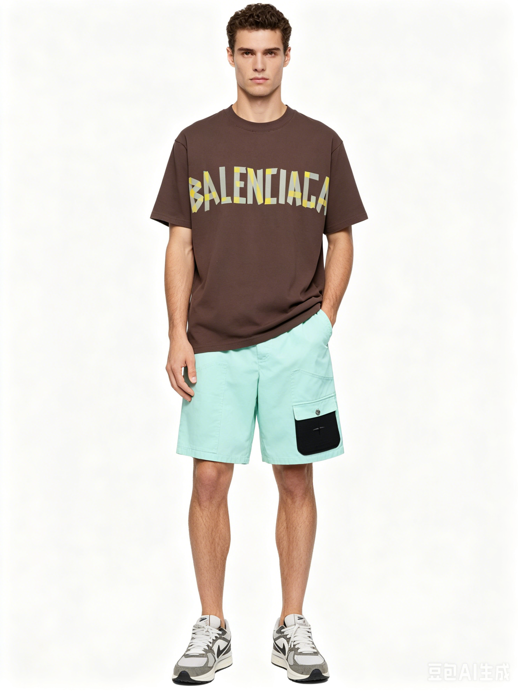 Balenciaga masking tape T-Shirts brown+Dior & Stone Island Stone Island co-branded pocket leather label work denim shorts Jeans 1