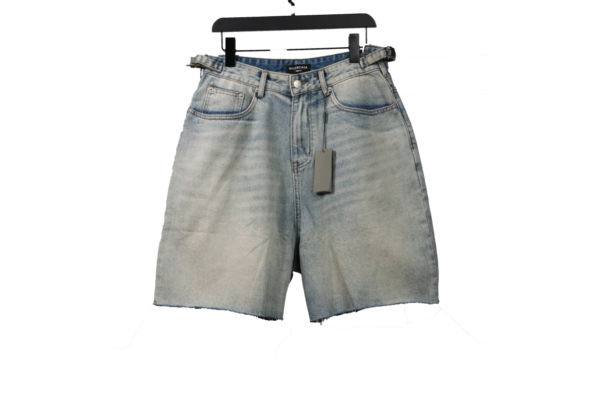 Balenciaga classic embroidered small label T-Shirts white+Balenciaga distressed art denim shorts Jeans