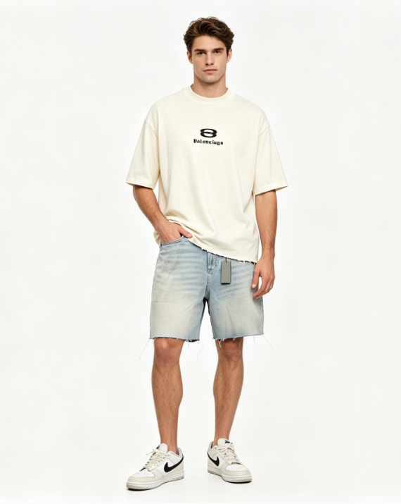 Balenciaga classic embroidered small label T-Shirts white+Balenciaga distressed art denim shorts Jeans