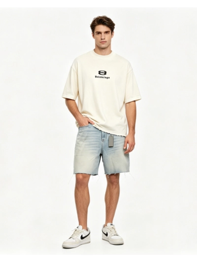 Balenciaga classic embroidered small label T-Shirts white+Balenciaga distressed art denim shorts Jeans 01