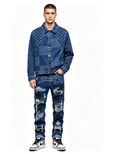 Louis Vuitton 20Fw patchwork checkerboard monogram denim long sleeve jacket+Amiri Pants blue Jeans, 25t3452 01