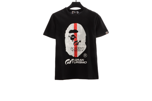 BAPE co-branded GRAN TURISMO ape head short sleeve black T-Shirts+Chrome Hearts hot diamond cross Short Pants white