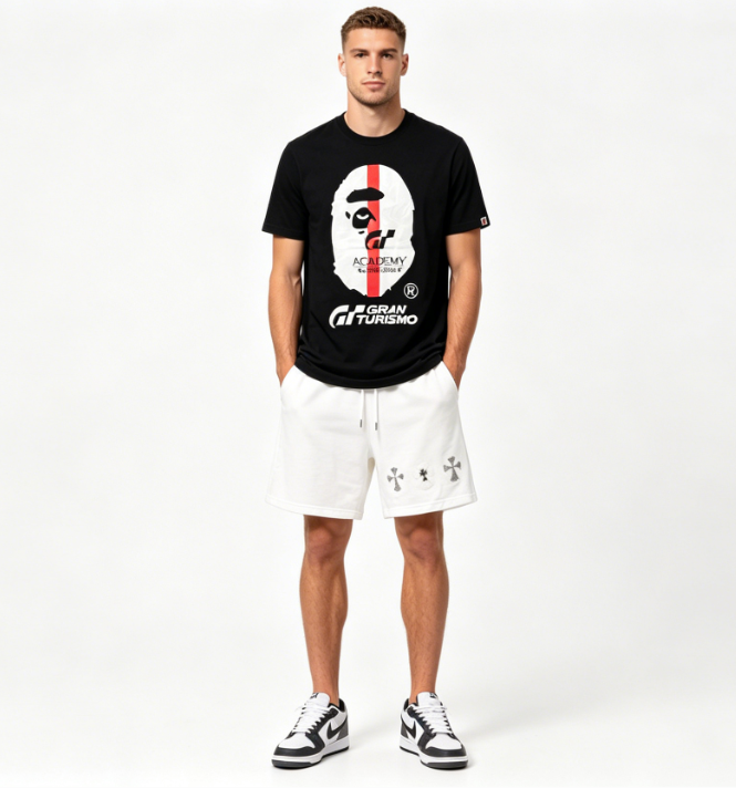BAPE co-branded GRAN TURISMO ape head short sleeve black T-Shirts+Chrome Hearts hot diamond cross Short Pants white