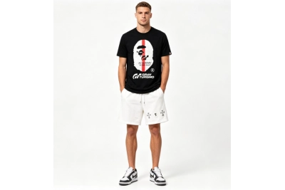 BAPE co-branded GRAN TURISMO ape head short sleeve black T-Shirts+Chrome Hearts hot diamond cross Short Pants white 01