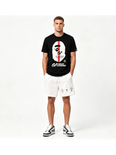BAPE co-branded GRAN TURISMO ape head short sleeve black T-Shirts+Chrome Hearts hot diamond cross Short Pants white 01