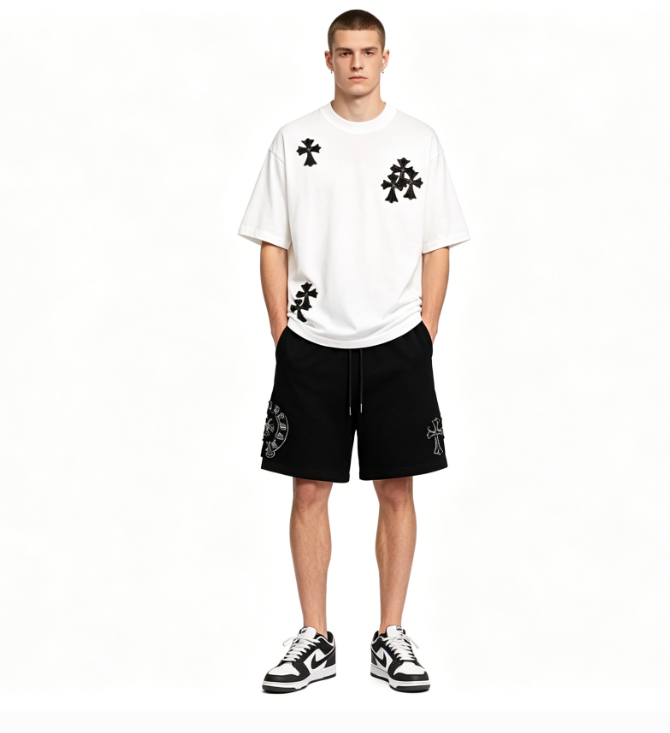 Chrome Hearts cross embroidery horseshoe patch T-Shirts+Chrome Hearts distressed patch horseshoe cross Short Pants black