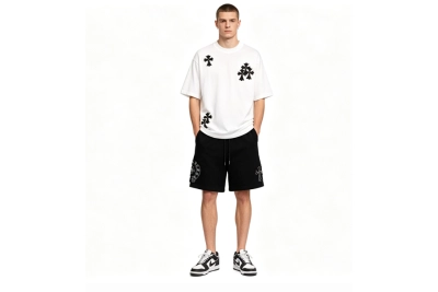 Chrome Hearts cross embroidery horseshoe patch T-Shirts+Chrome Hearts distressed patch horseshoe cross Short Pants black 01