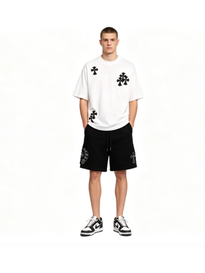 Chrome Hearts cross embroidery horseshoe patch T-Shirts+Chrome Hearts distressed patch horseshoe cross Short Pants black 01