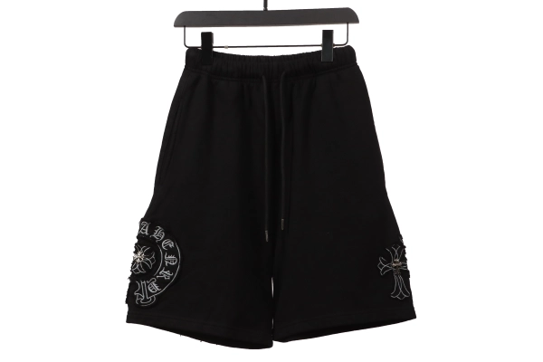 Chrome Hearts cross embroidery horseshoe patch T-Shirts+Chrome Hearts distressed patch horseshoe cross Short Pants black
