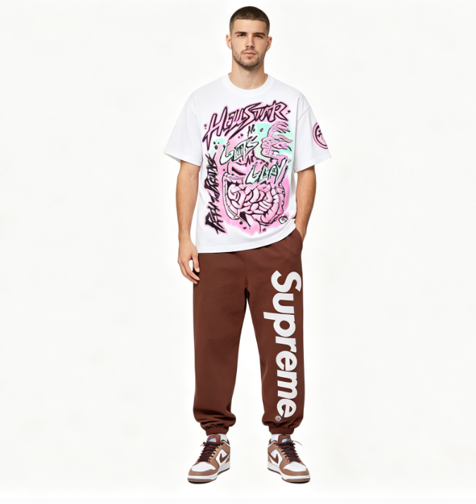 Hellstar T-Shirt 505+Supreme Satin Applique Sweatpant Brown pants