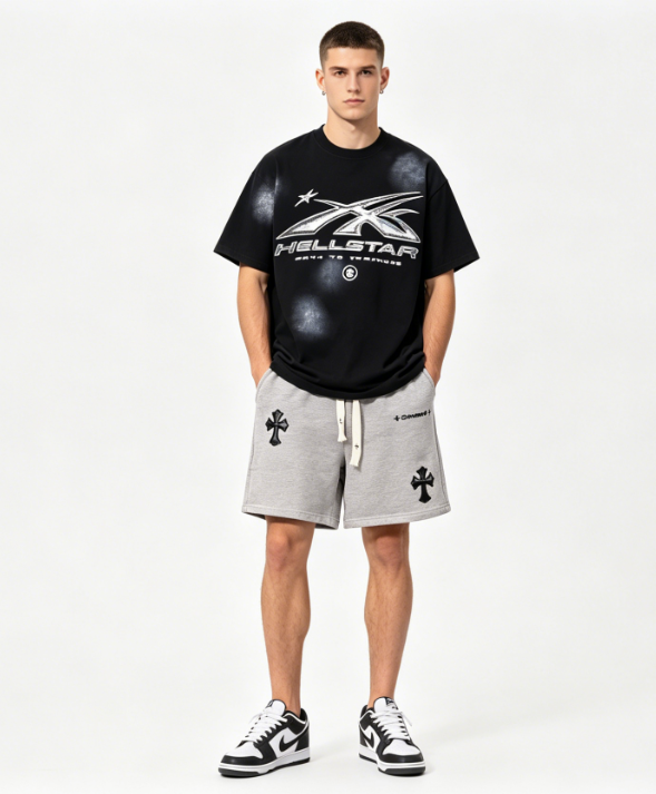 Hellstar T-Shirt 619+Chrome Hearts embroidered Sanskrit cross terry Short Pants gray