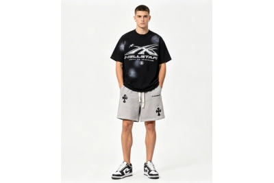 Hellstar T-Shirt 619+Chrome Hearts embroidered Sanskrit cross terry Short Pants gray 01
