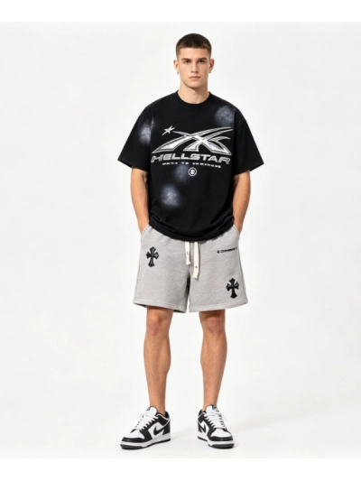 Hellstar T-Shirt 619+Chrome Hearts embroidered Sanskrit cross terry Short Pants gray 01