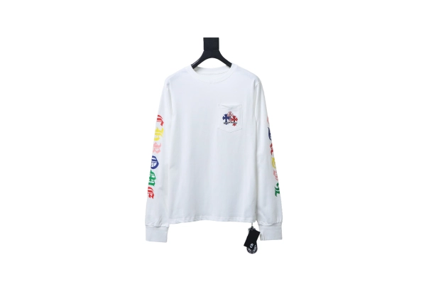 Chrome Hearts 25FW Colorful Cross Print Long-Sleeve T-Shirt White+AMIRI New Washed Ripped Jeans with Silver Diamond Design,A033