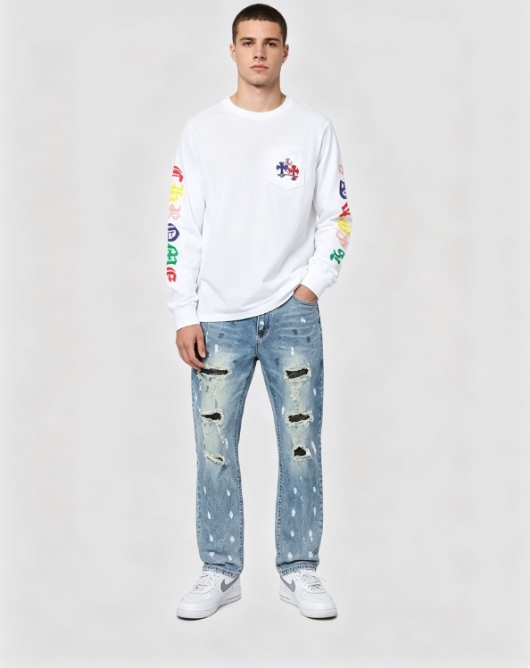 Chrome Hearts 25FW Colorful Cross Print Long-Sleeve T-Shirt White+AMIRI New Washed Ripped Jeans with Silver Diamond Design,A033