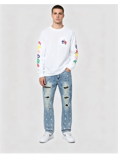 Chrome Hearts 25FW Colorful Cross Print Long-Sleeve T-Shirt White+AMIRI New Washed Ripped Jeans with Silver Diamond Design,A033 01