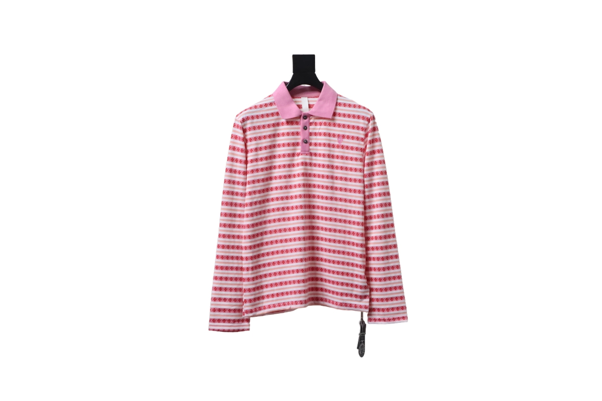 Chrome Hearts 25FW Striped Polo Long Sleeve T-Shirt Red+Chrome hearts knee cross leather Jeans