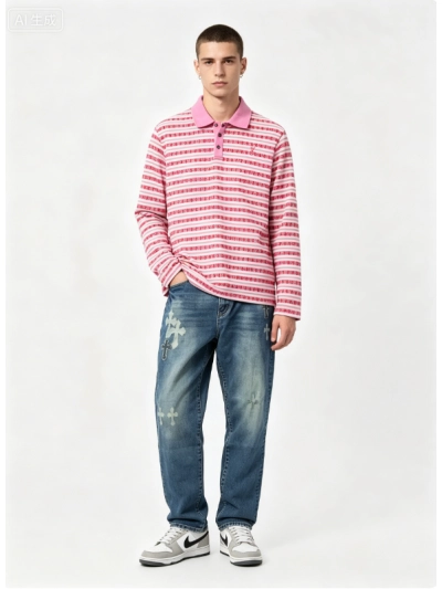 Chrome Hearts 25FW Striped Polo Long Sleeve T-Shirt Red+Chrome hearts knee cross leather Jeans 01