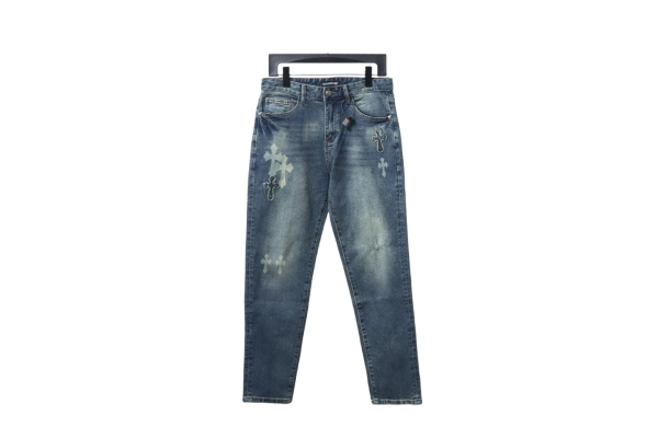 Chrome Hearts 25FW Striped Polo Long Sleeve T-Shirt Red+Chrome hearts knee cross leather Jeans
