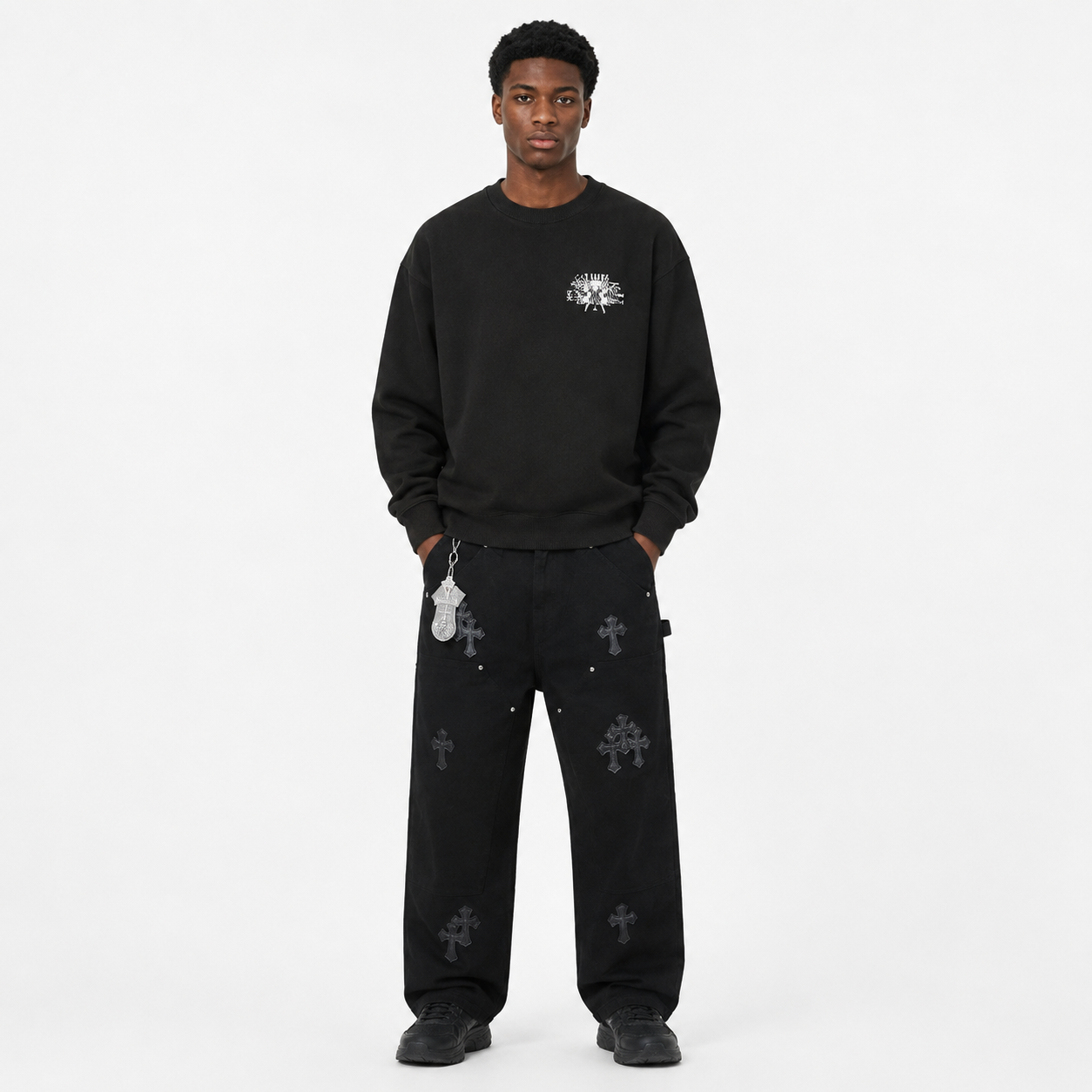 Amiri Hoodie A06# p65 Black + Chrome hearts knee cross leather Jeans