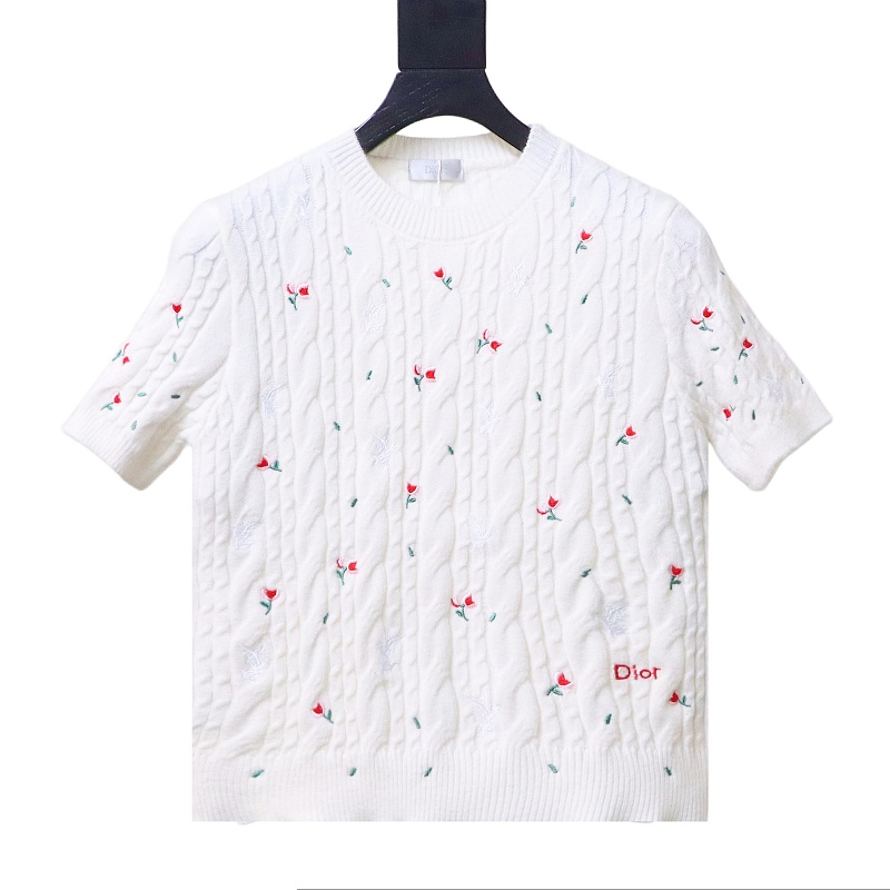 Dior 26SS Flower White Dove Embroidered Twisted Knit Short Sleeve T-Shirt