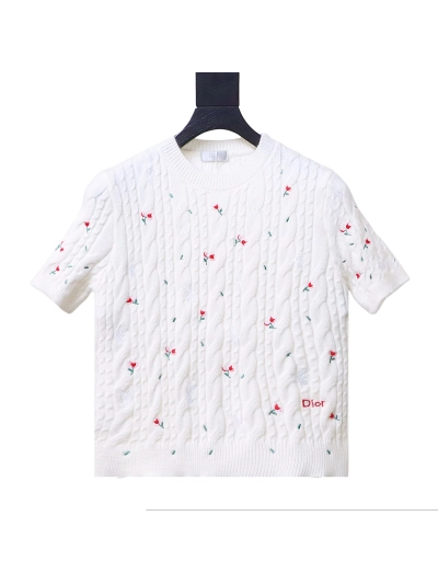 Dior 26SS Flower White Dove Embroidered Twisted Knit Short Sleeve T-Shirt 01