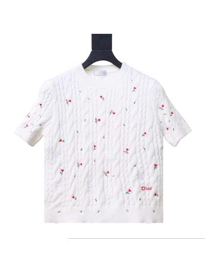 Dior 26SS Flower White Dove Embroidered Twisted Knit Short Sleeve T-Shirt 02
