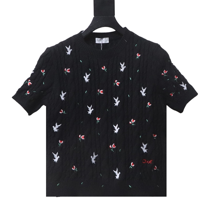 Dior 26SS Flower White Dove Embroidered Twisted Knit Short Sleeve T-Shirt