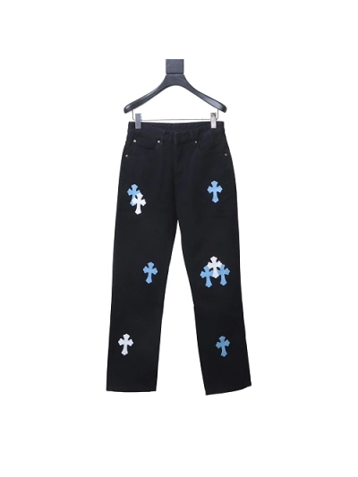Chrome Hearts back Sanskrit cross-stitch leather denim long pants2 01
