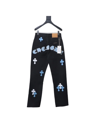 Chrome Hearts back Sanskrit cross-stitch leather denim long pants2 02