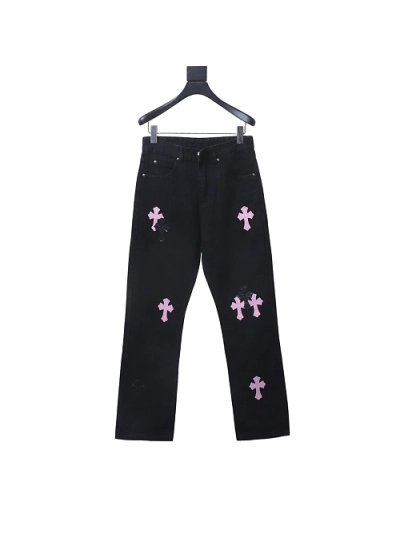 Chrome Hearts back Sanskrit cross-stitch leather denim long pants3 01