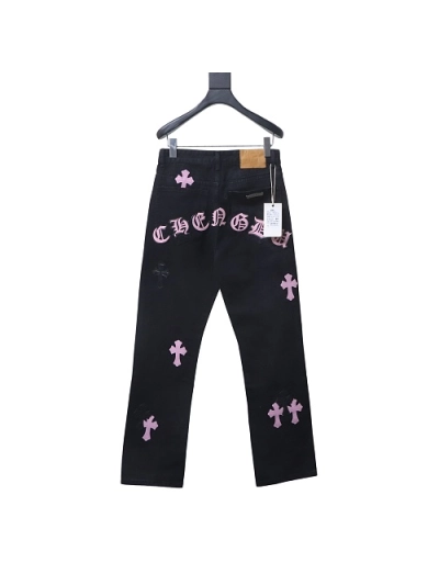 Chrome Hearts back Sanskrit cross-stitch leather denim long pants3 02