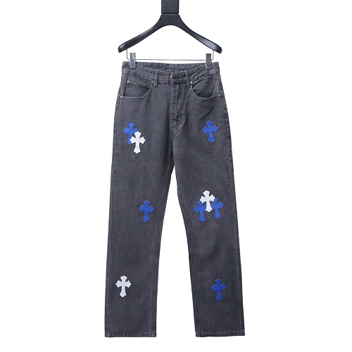 Chrome Hearts back Sanskrit cross-stitch leather denim long pants4